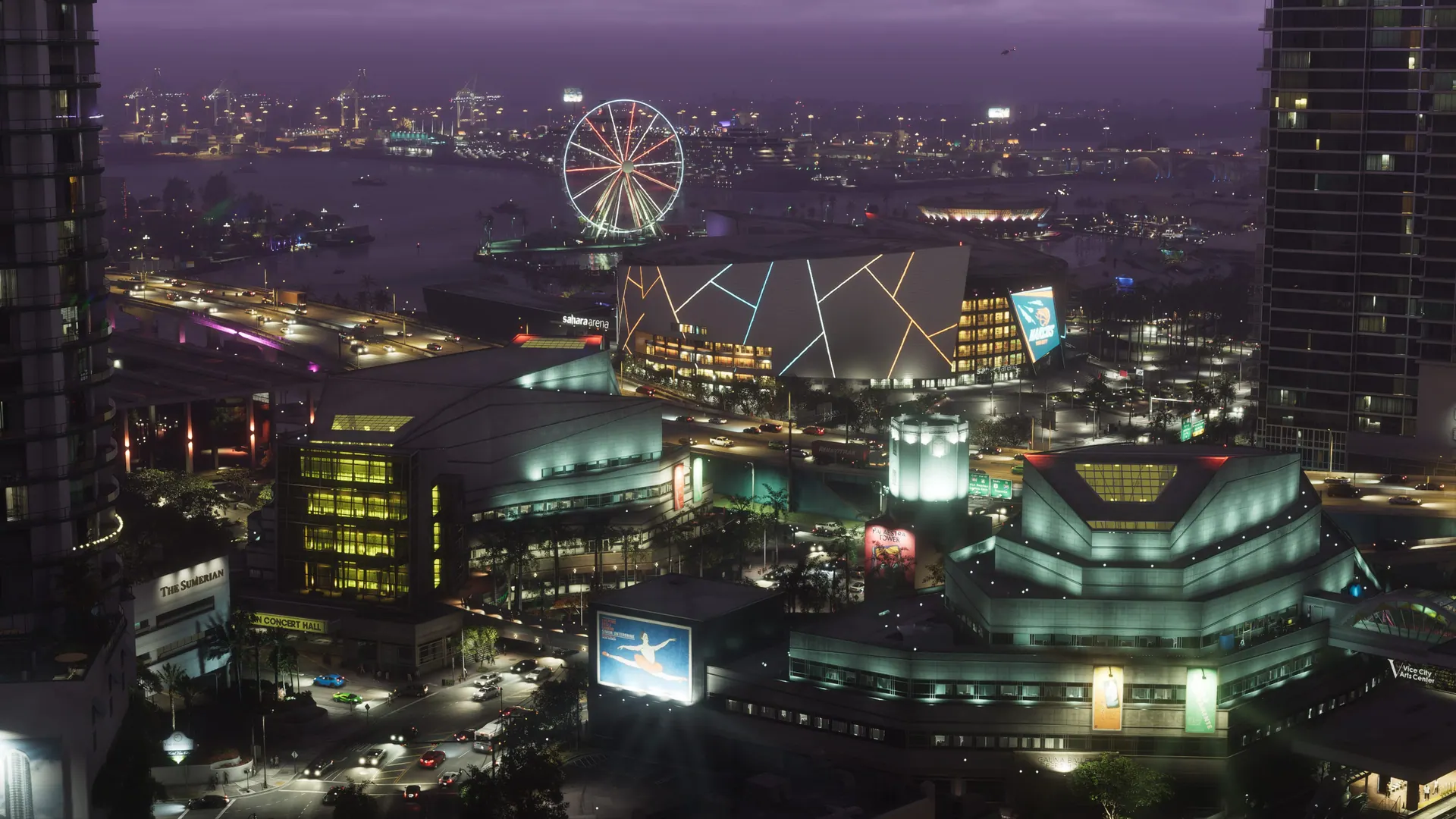 Original neon coastal skyline artwork of Leonida at night, created for The VI